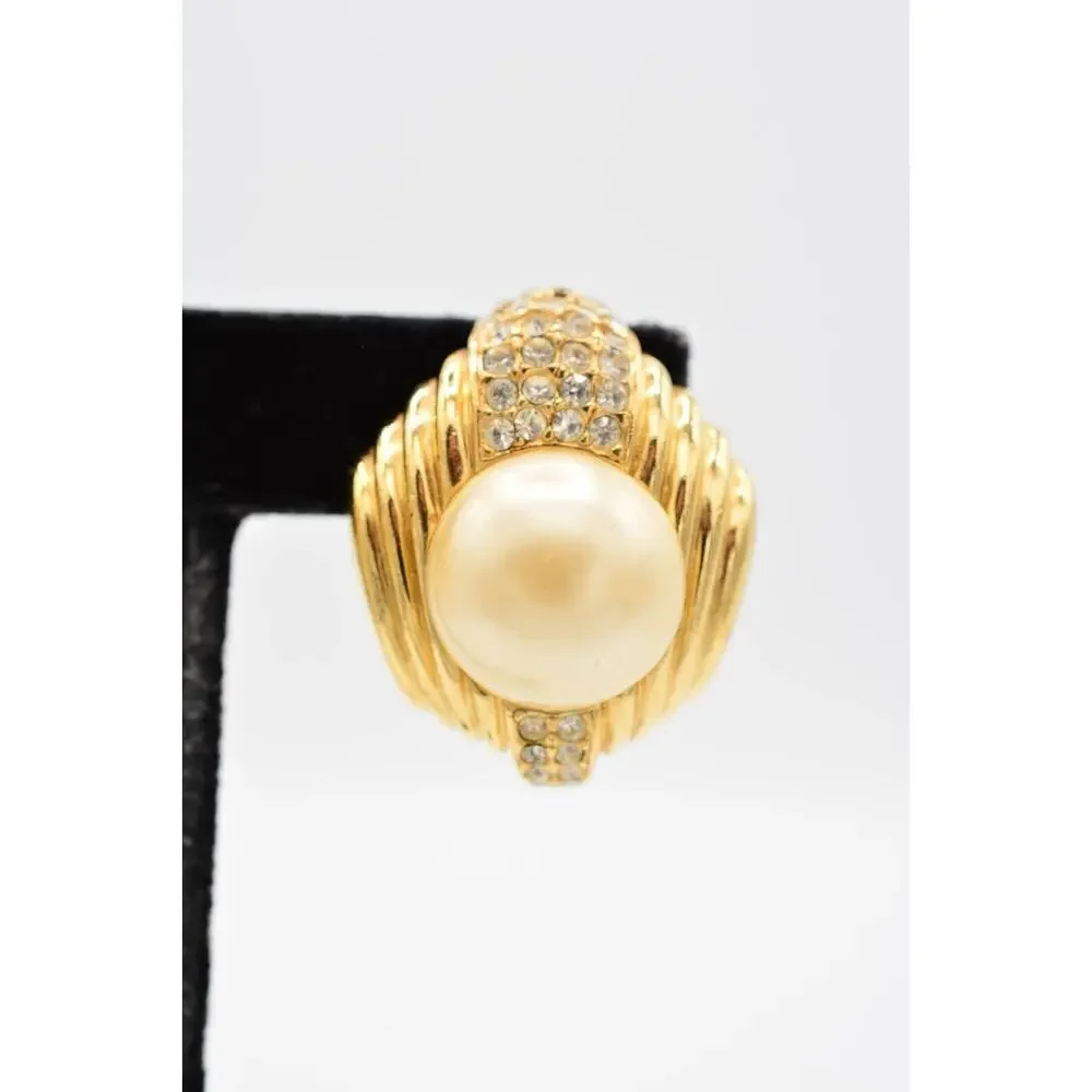 Ciner Vintage Crystal Clip On Earrings Pearl Gold Bold Chunky Heavy Signed BinAG